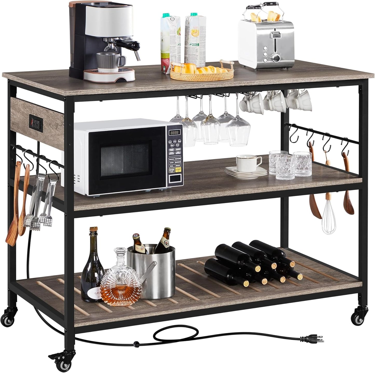 Yaheetech Rolling Kitchen Cart: Power Outlet, Glass Holder, Lockable Casters