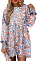 Womens Long Sleeve Babydoll Mini Dress Floral - Light Flowy Fit