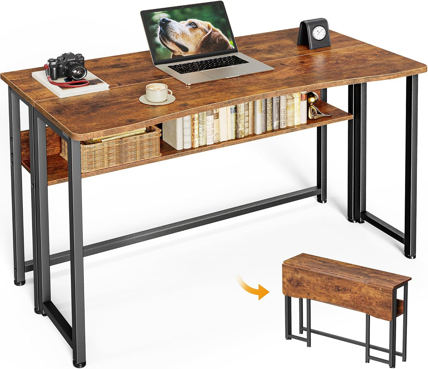 Huuger Folding Desk with Storage Shelf for Small Spaces