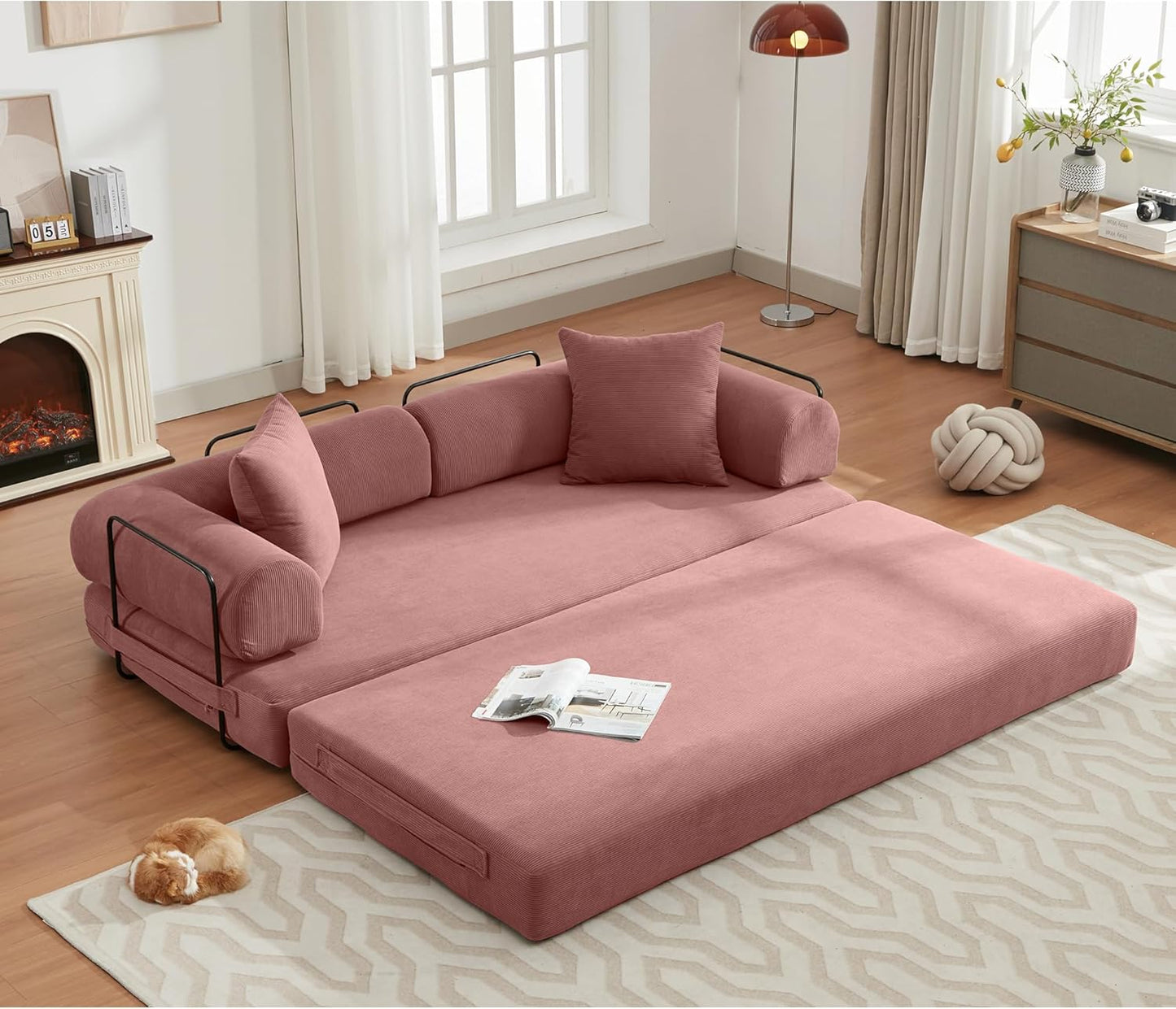 Convertible Sleeper Sofa Bed with Cylindrical Pillow for Comfort