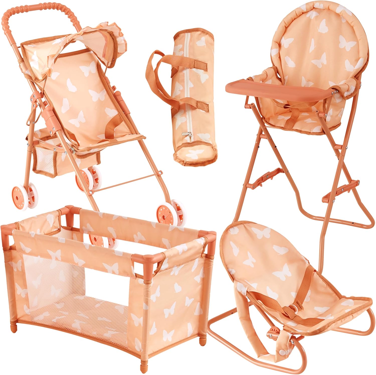4-in-1 Baby Doll Stroller Set with Butterfly Design for Toddlers