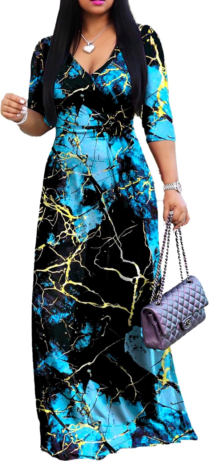 Stylish Women's Casual Sexy V Neck 3/4 Sleeves Maxi Dress