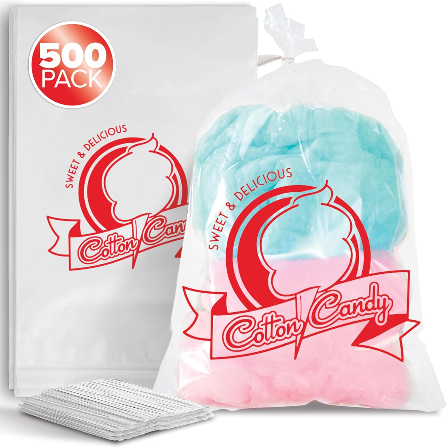Clear Cotton Candy Bags with Ties, 500 Count for Events