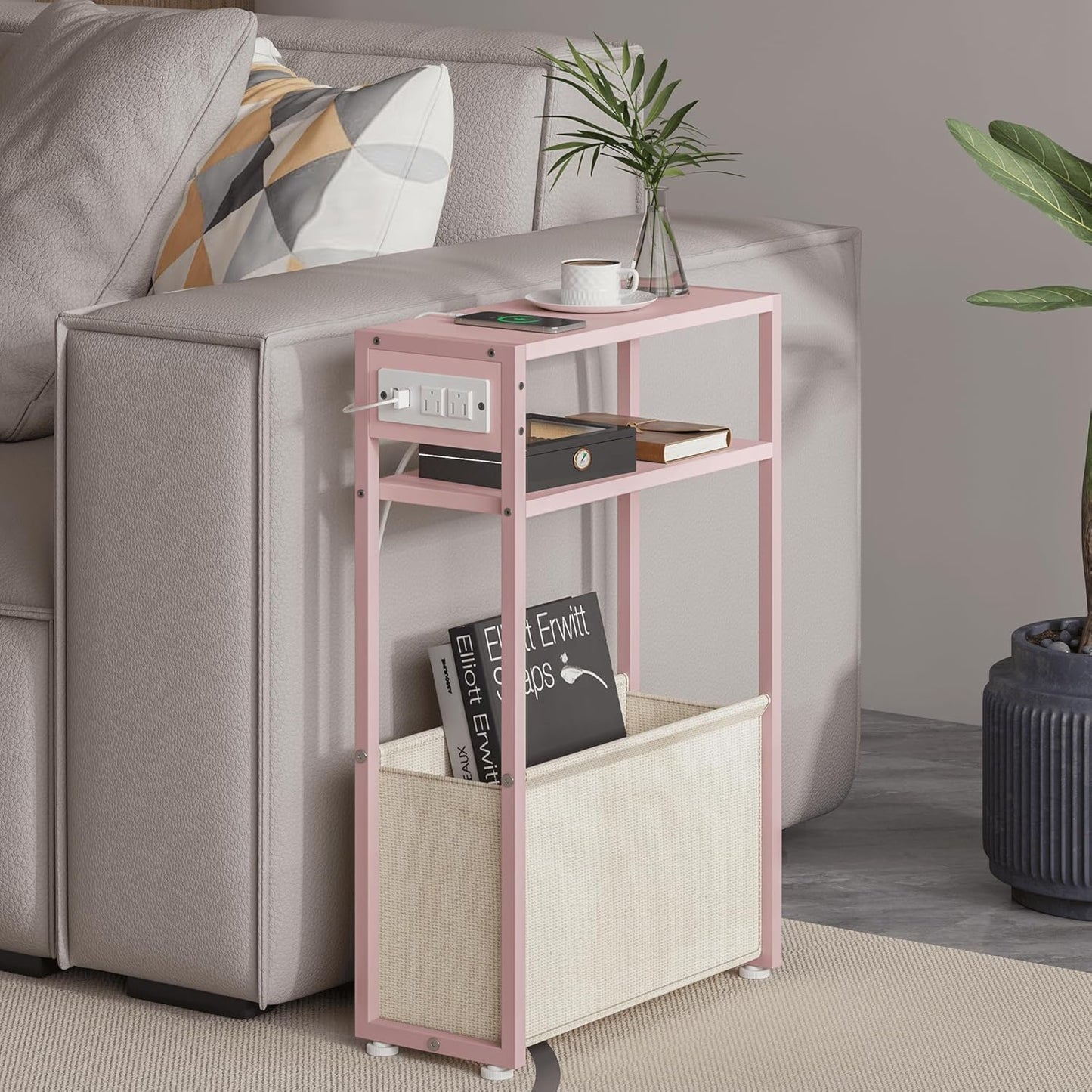 Pink Side Table with Charging Station for Small Spaces