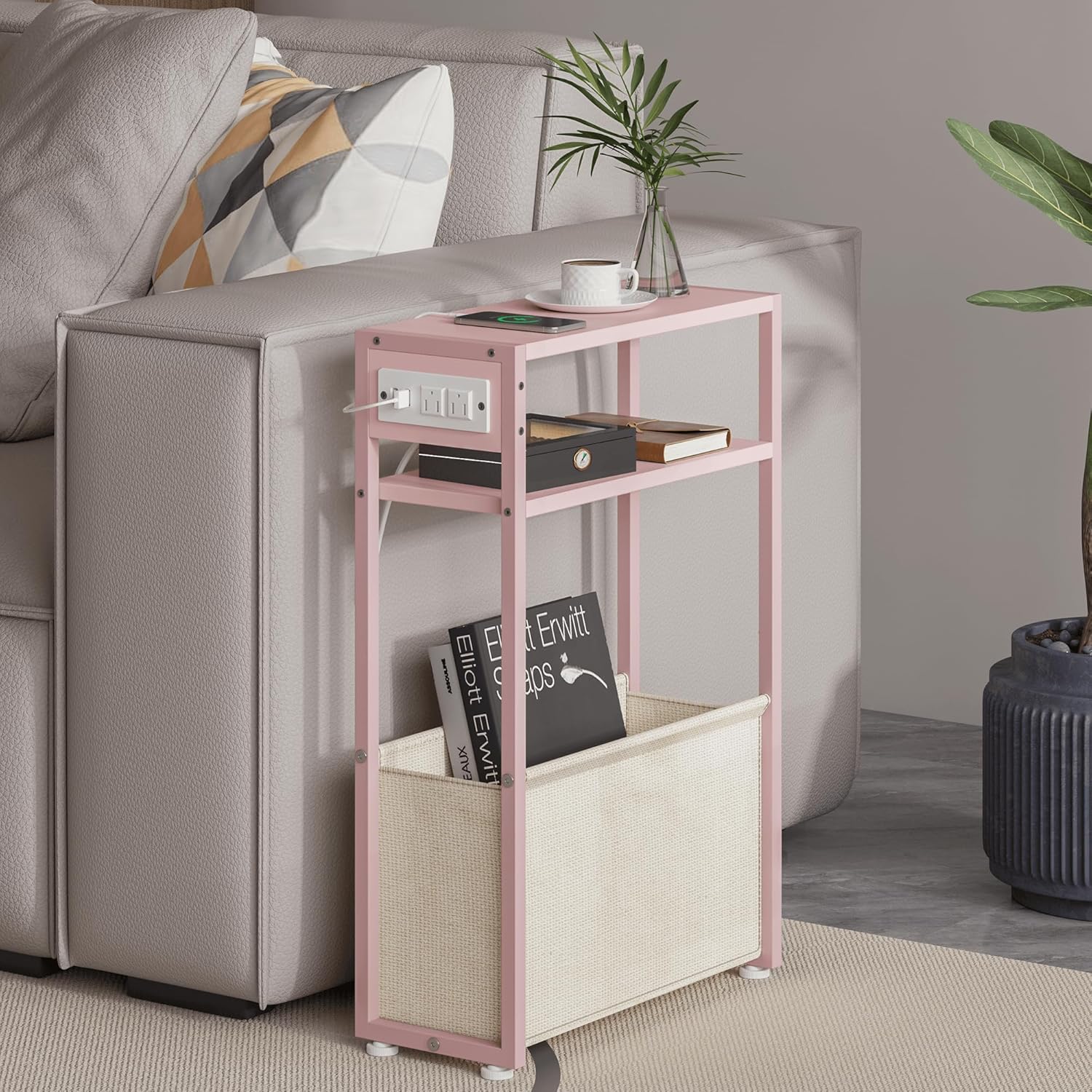 Pink Side Table with Charging Station for Small Spaces