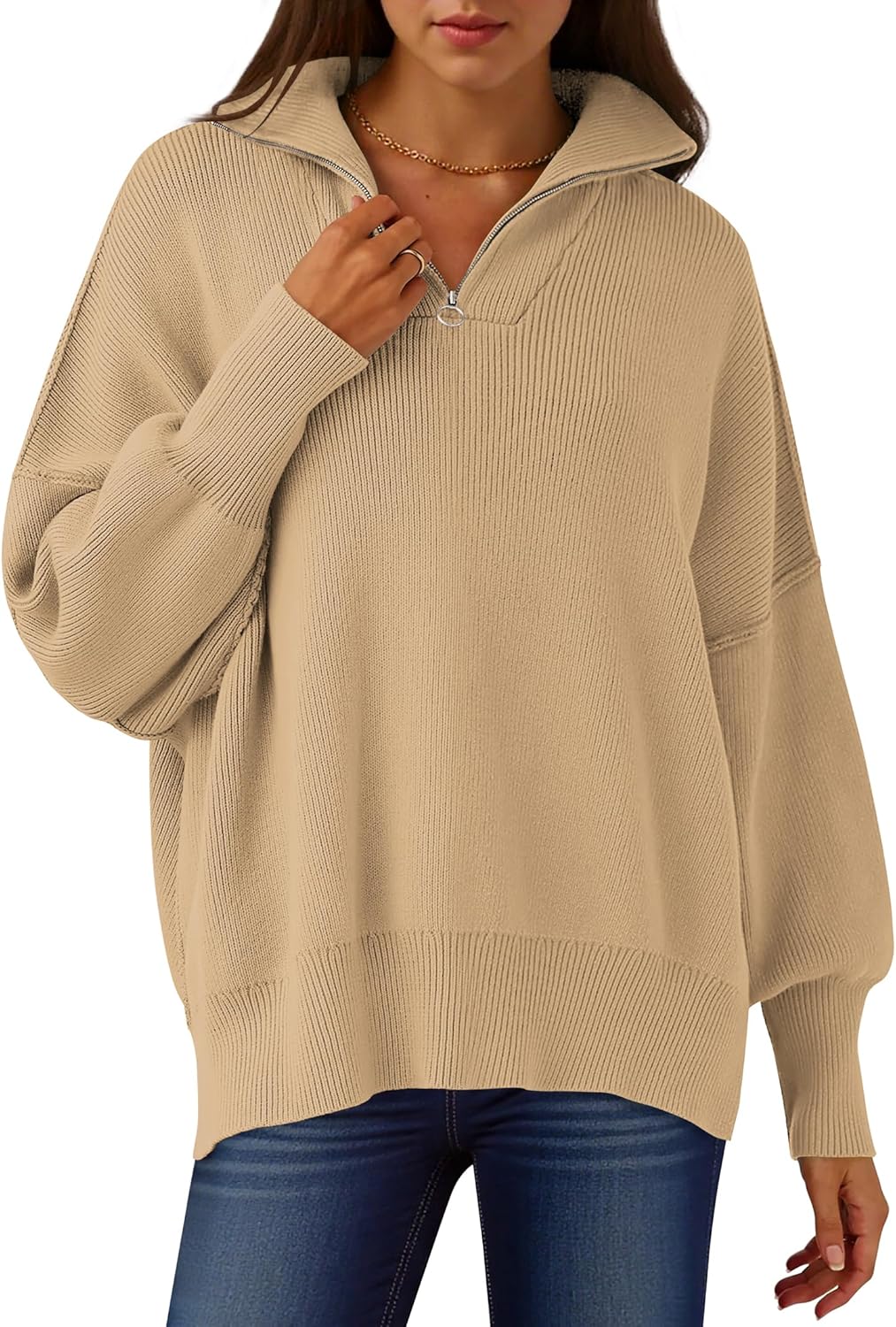 Oversized Fashion Long Sleeve Quarter Zip Sweater for Women