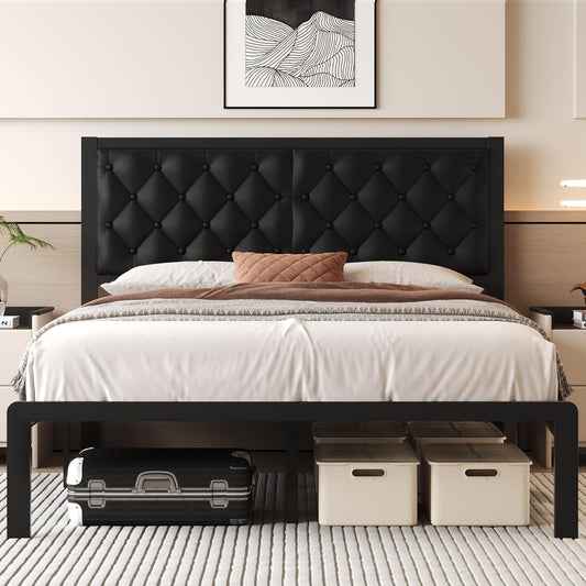 Queen Bed Frame with PU Leather Headboard and Storage Space