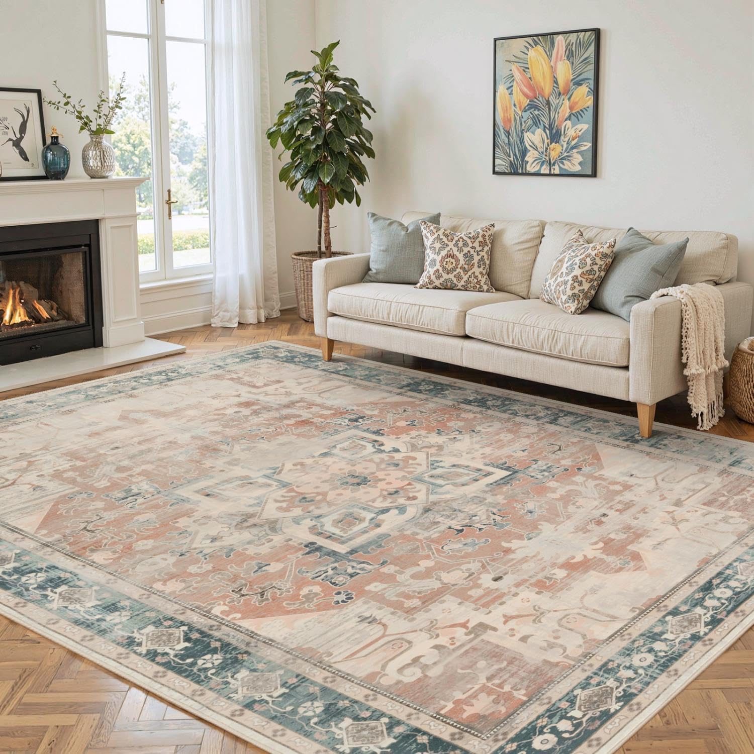 6x9 Washable Area Rug for Living Room, Vintage Boho Design