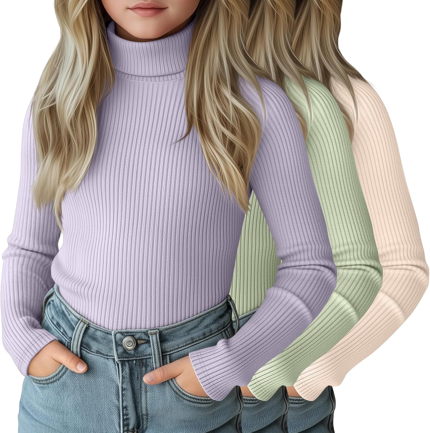 3 Pack Girls Turtleneck Long Sleeve Shirts for Casual Wear