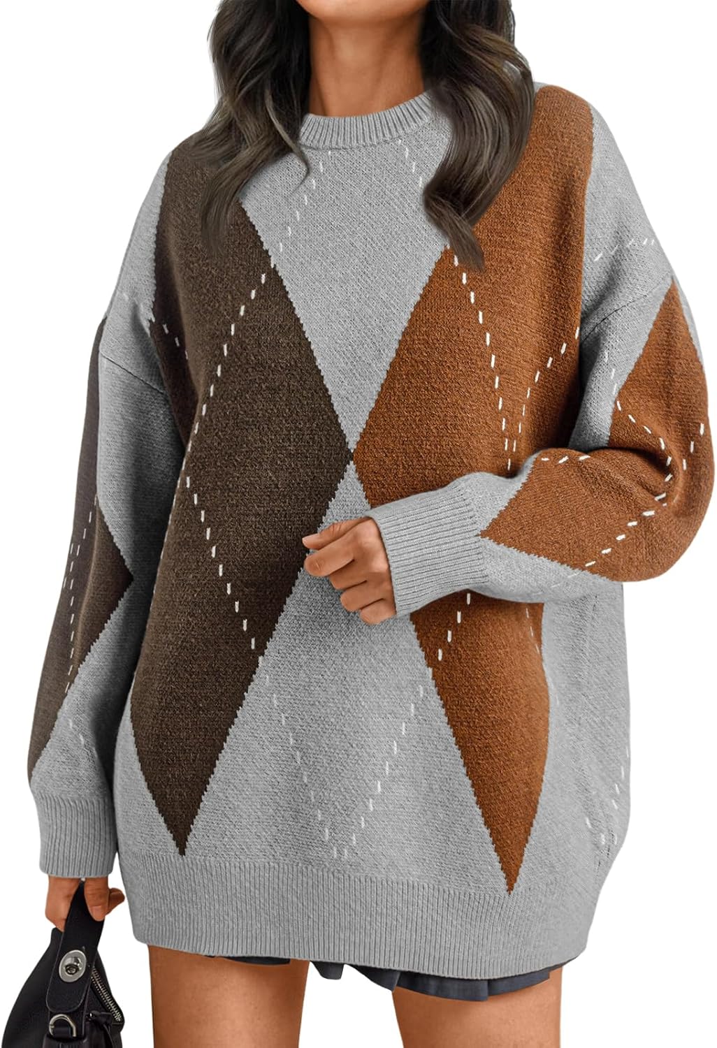 Trendy Queen Women's Color Block Argyle Plaid Oversized Sweater