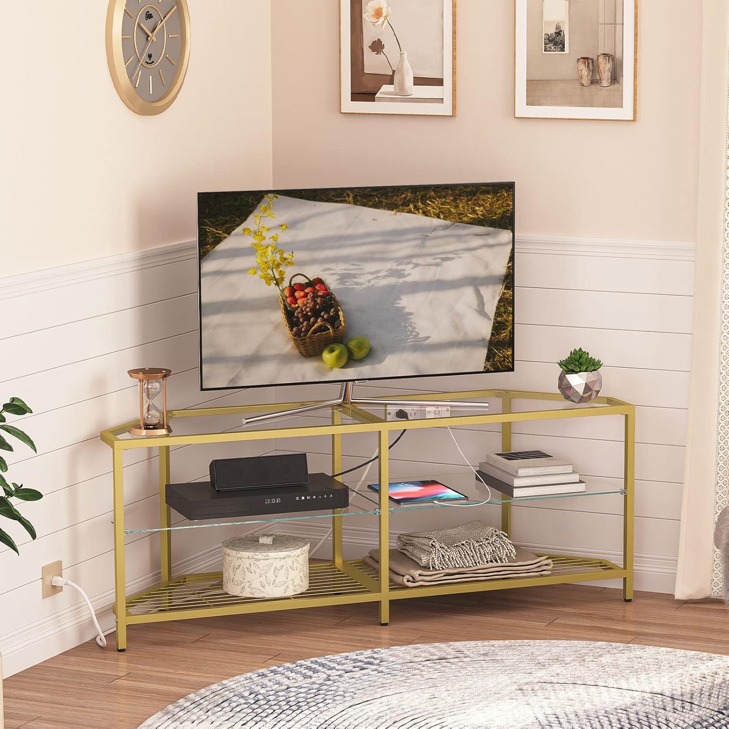 Modern Gold Corner TV Stand, Outlet, Glass Shelves
