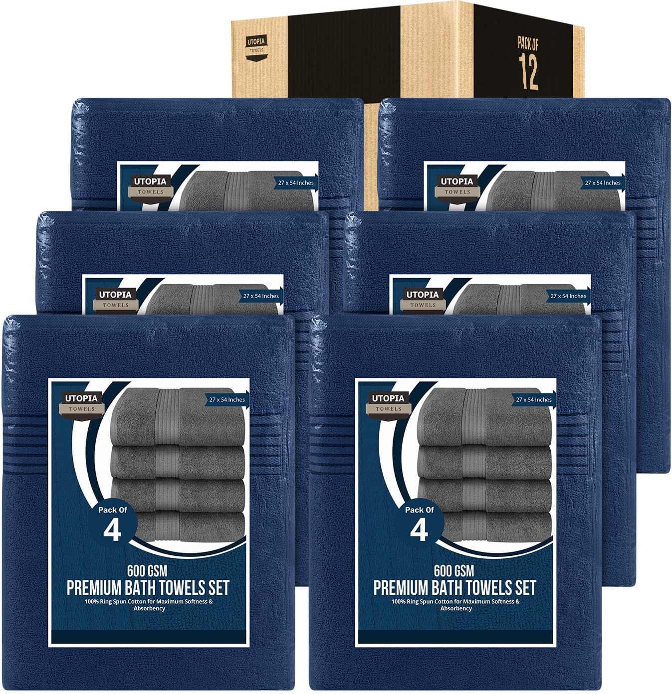 Utopia Towels 12 Pack Bath Towels Set for Daily Use in Navy