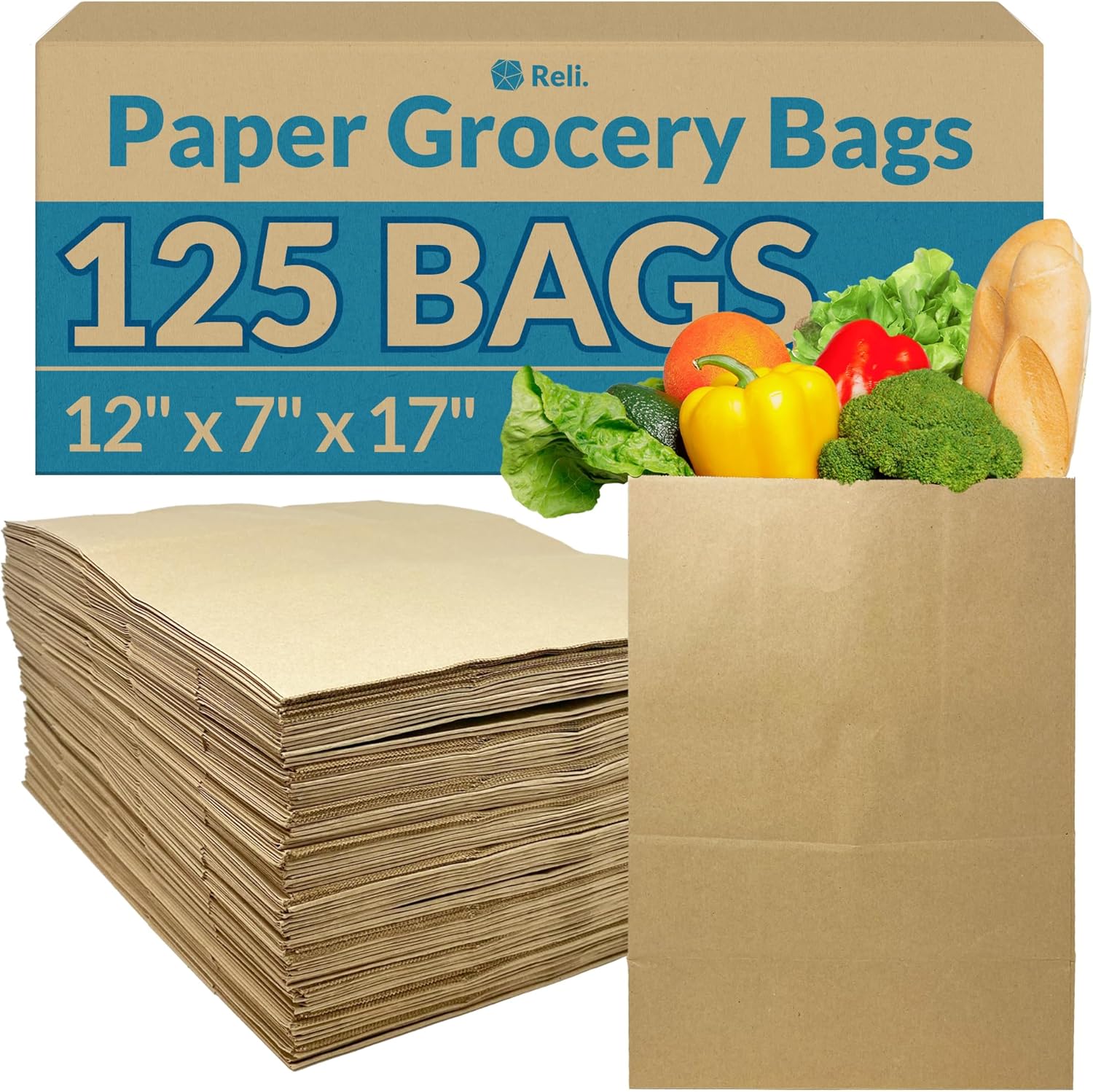 Heavy Duty Brown Paper Grocery Bags - 125 Pcs Bulk Pack