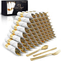 Gold Plastic Silverware Set for 50 Guests - Elegant Pre-Rolled Cutlery