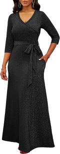 FANDEE Women's 2025 Maxi Dress - Solid Color V-Neck 3/4 Sleeve