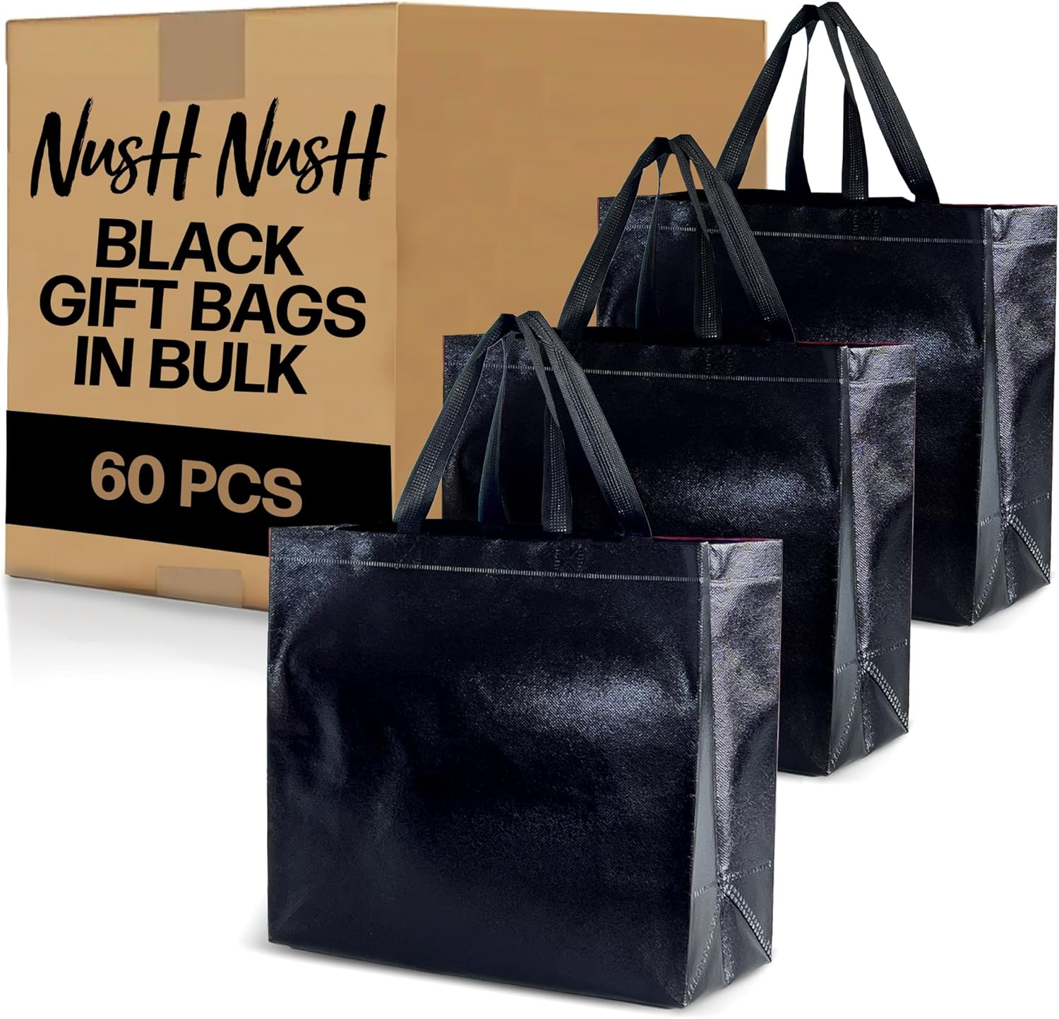 Nush Nush Set of 60 Black Gift Bags - Shiny Reusable Bags