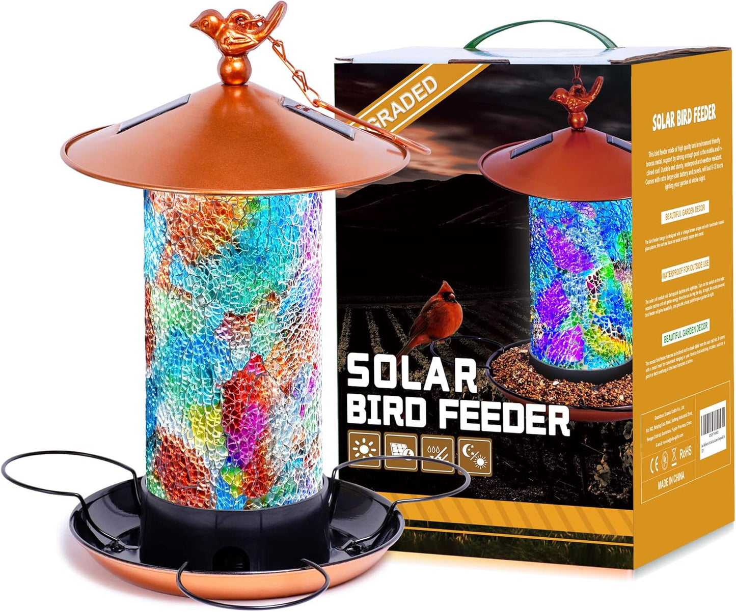 Mosaic Solar Bird Feeder for Outdoors - Unique Garden Decor