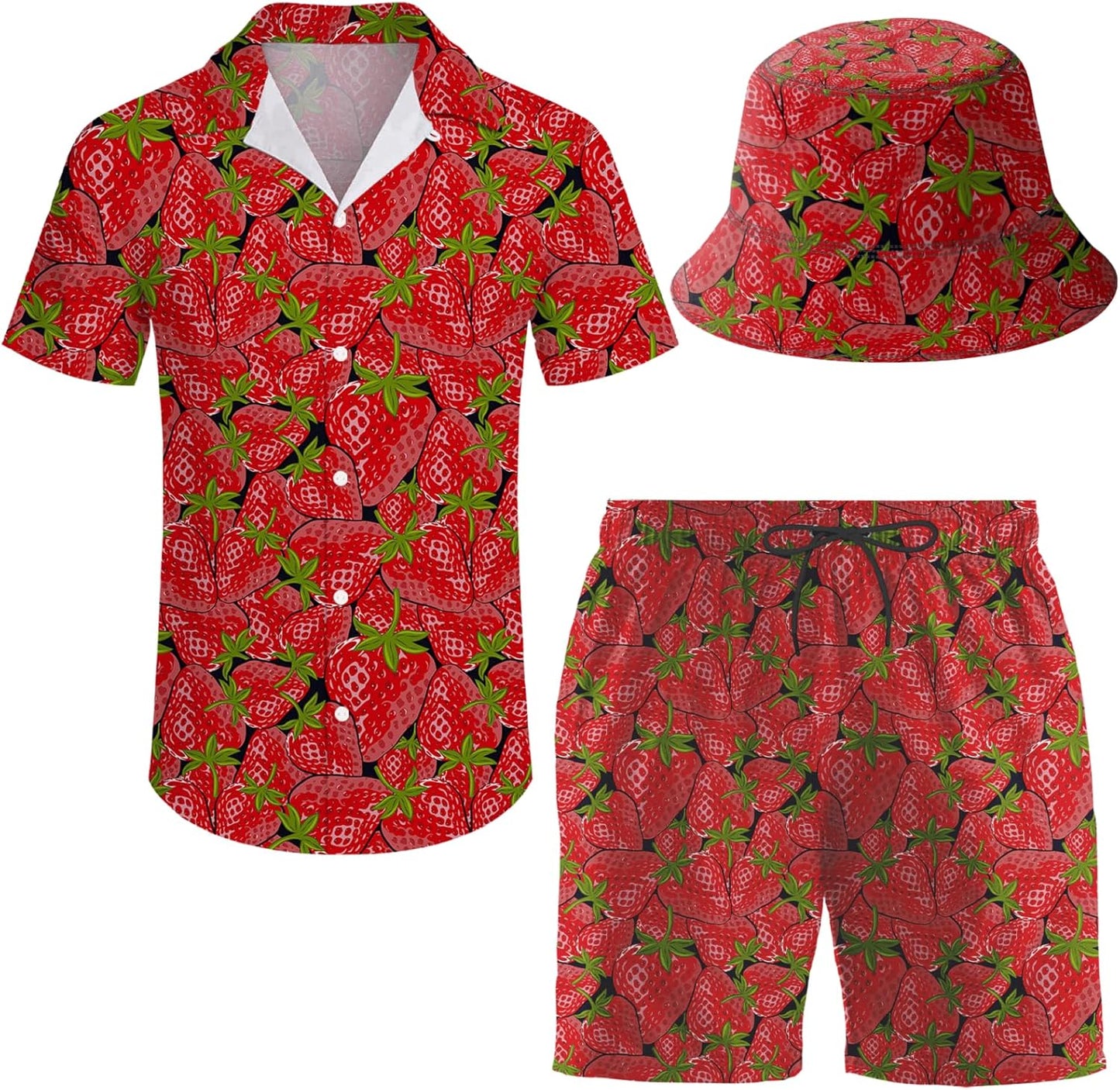 Men's Hawaiian Shirt and Shorts Set with Bucket Hat for Summer
