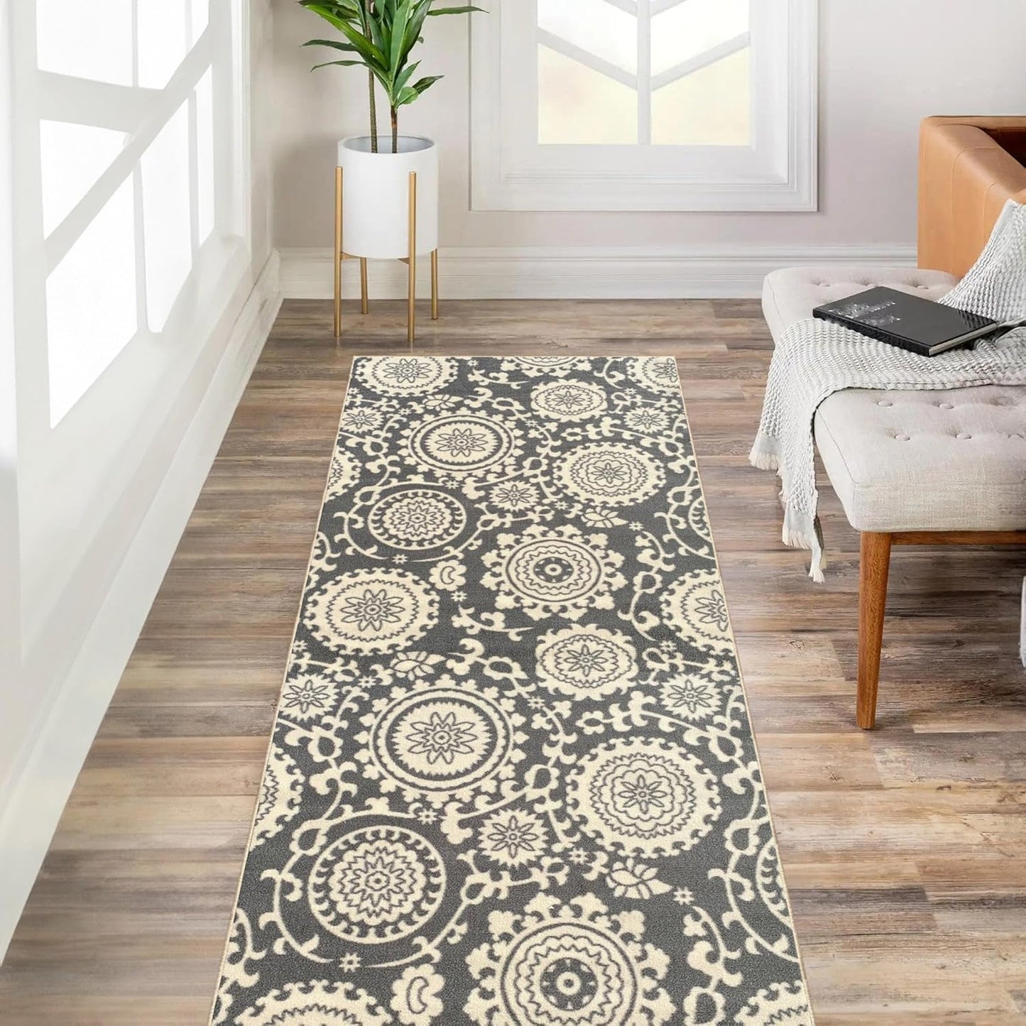 Custom Size Grey Floral Medallion Non-Slip Hallway Runner Rug
