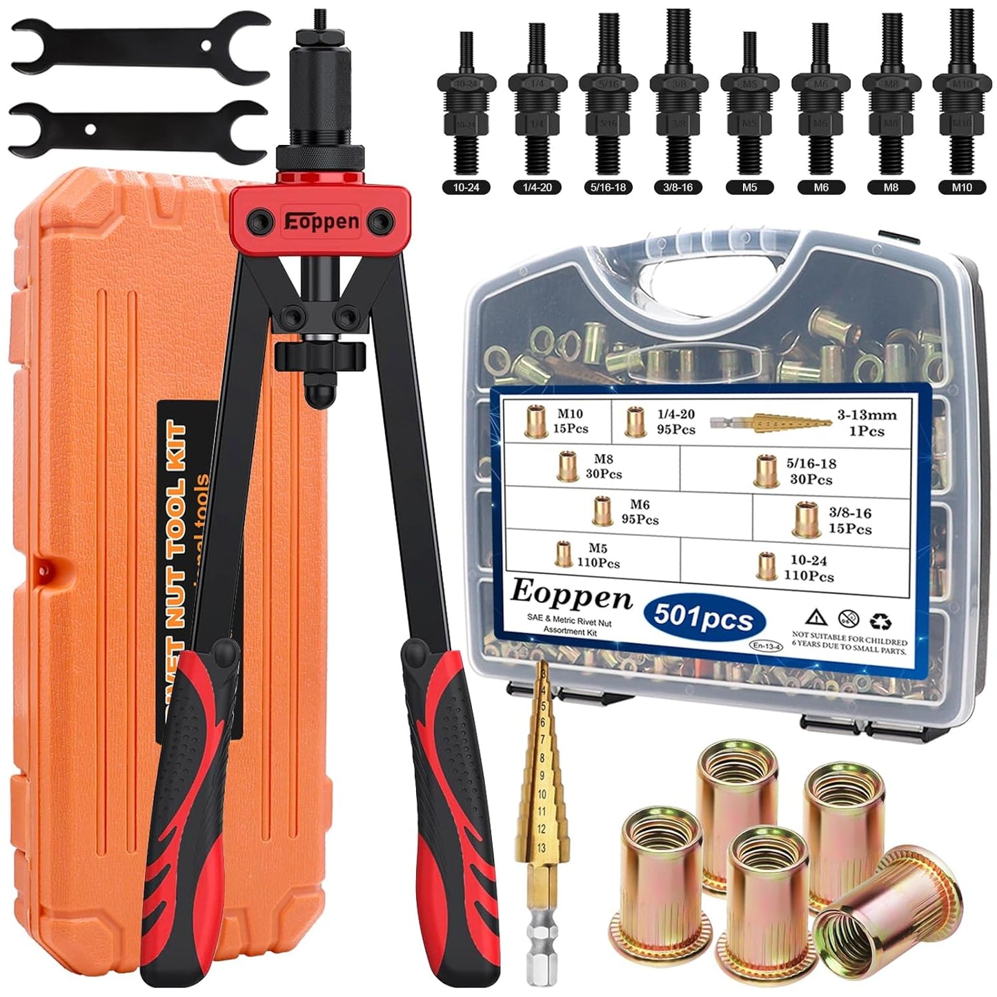 Rivet Nut Tool Kit with 500Pcs Rivet Nuts and Step Drill Bit