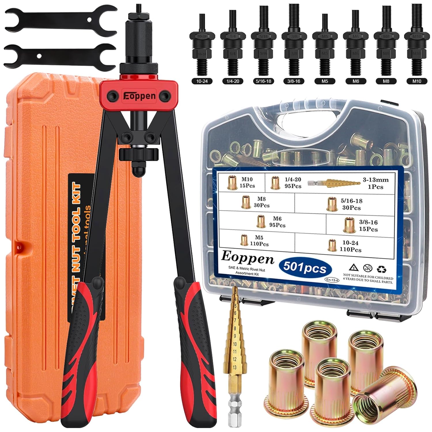 Rivet Nut Tool Kit with 500Pcs Rivet Nuts and Step Drill Bit