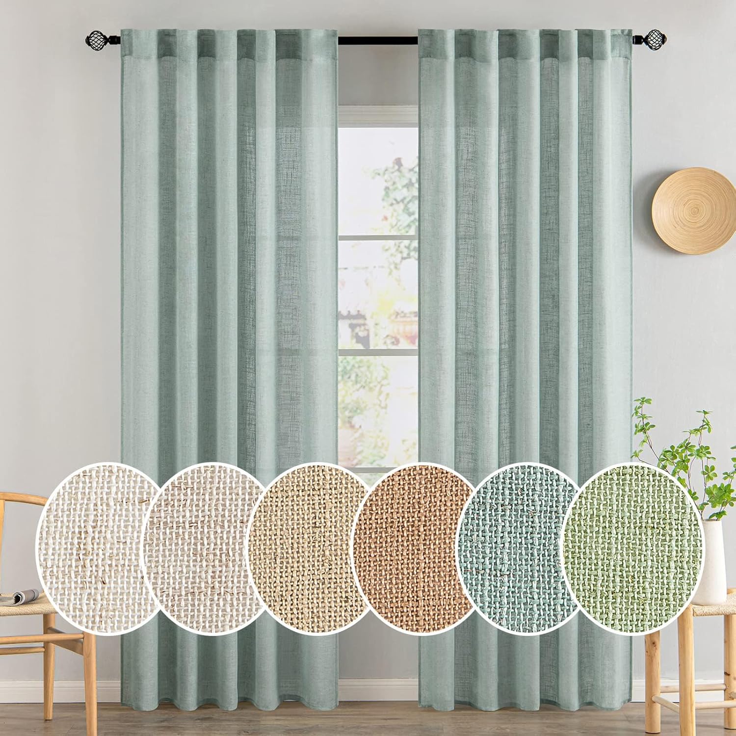 MIULEE Sea Green Linen Curtains for Bedroom and Living Room