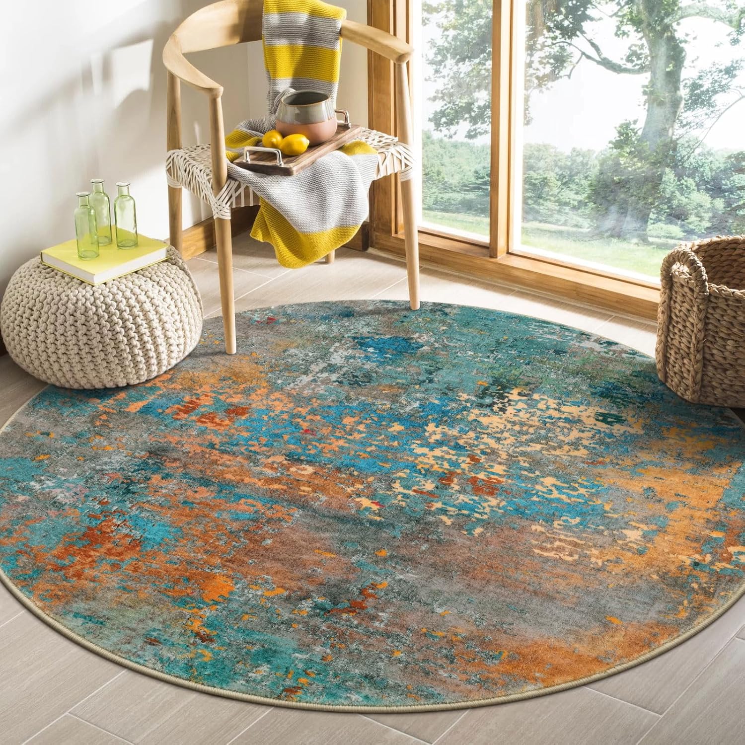 Lahome Modern Abstract Round Rug - Colorful 4Ft Indoor Accent