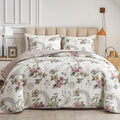 Flysheep 3 Piece King Quilt Set Beige Floral Reversible Coverlet