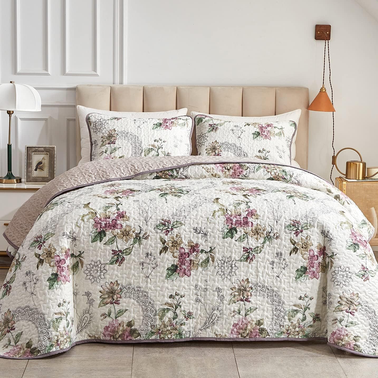 Flysheep 3 Pieces Quilt Set King Size with Floral Design