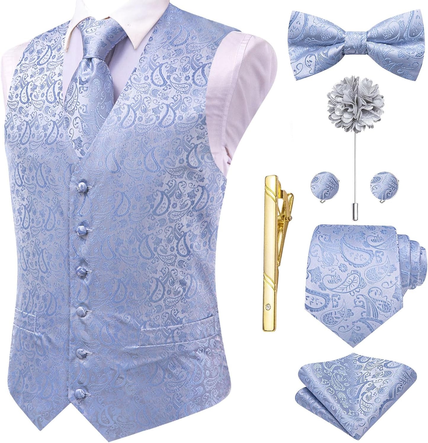 Hi-Tie Silk Mens Suit Vest Set with Tie and Bowtie for Weddings