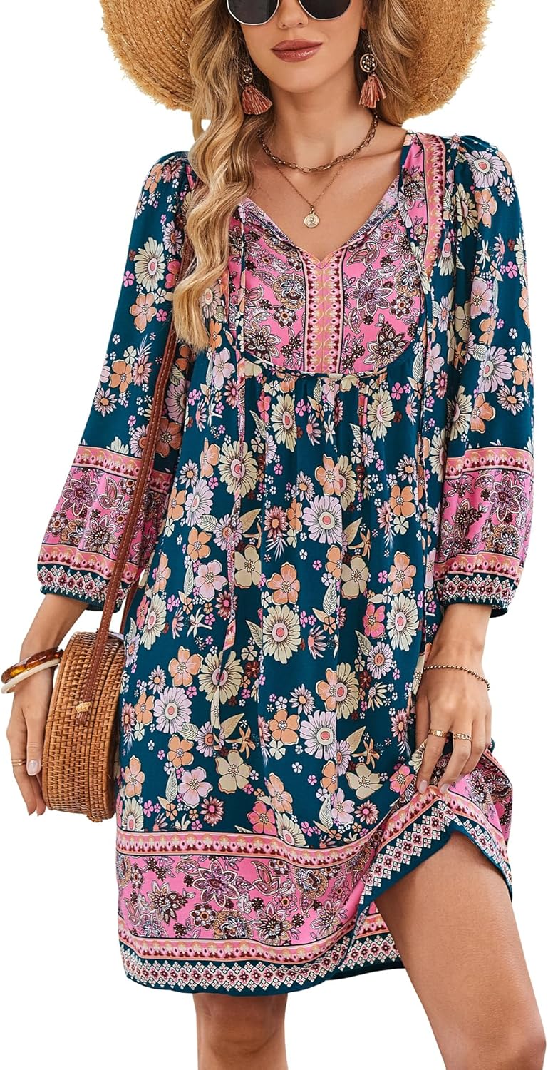 Bluetime Women Casual Summer Dress Boho V Neck Floral Print