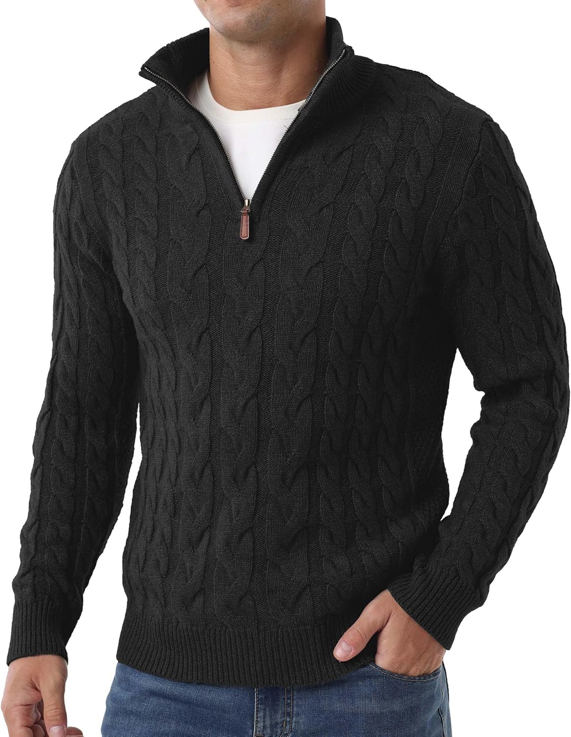 Askdeer Men's Quarter Zip Sweater - Classic Cable Knit Pullover