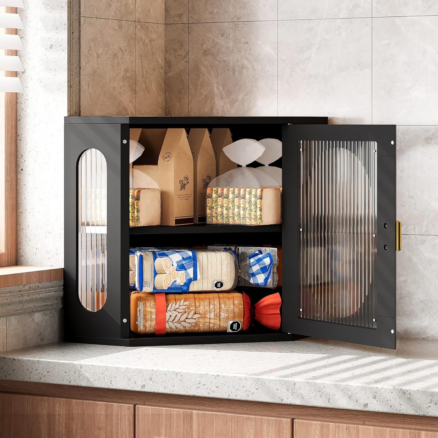 Corner Bread Box with Adjustable Shelf for Kitchen Storage