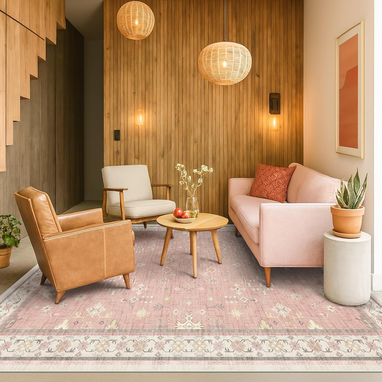 Blush Pink Girls Rugs for Bedroom - Vintage Floral Area Rug