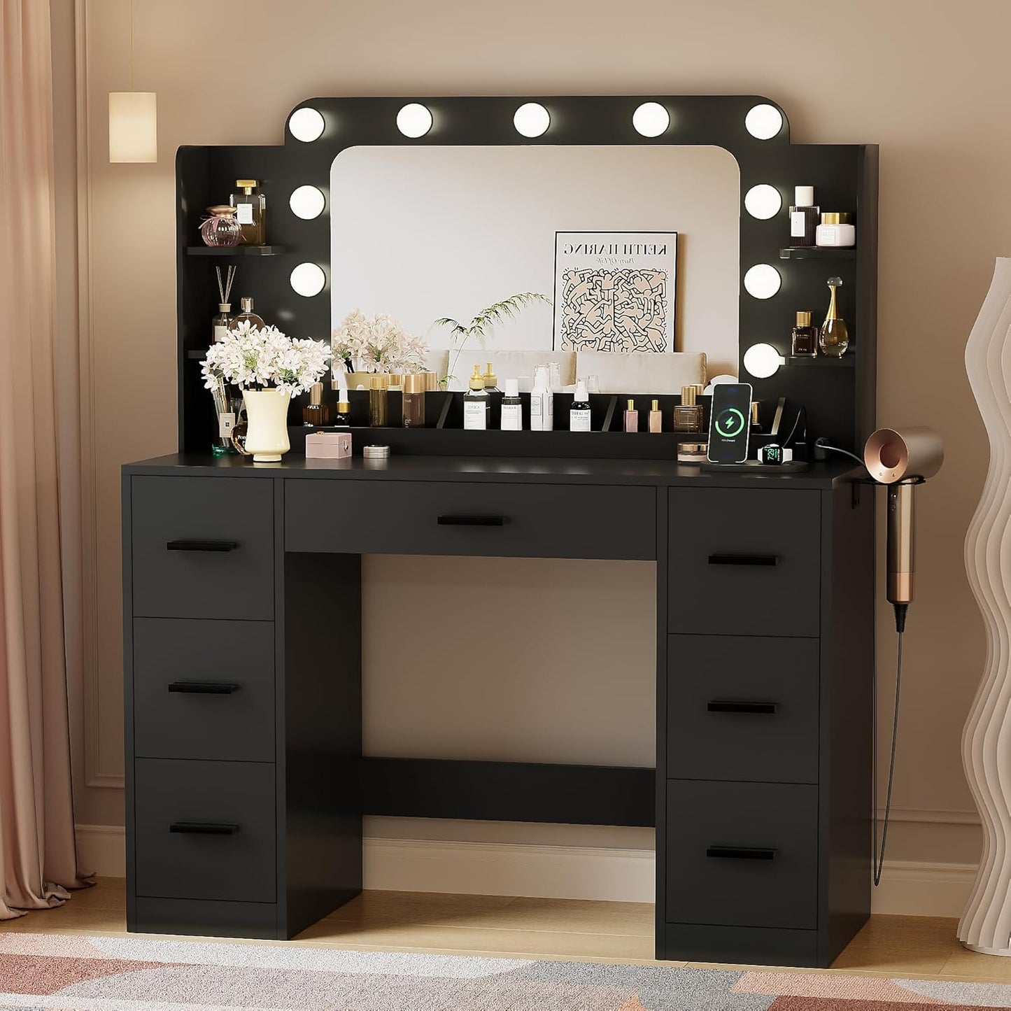 YESHOMY Vanity Desk with Lighted Mirror and Storage Units