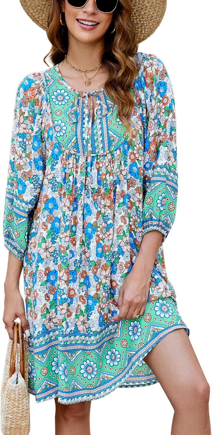 Bluetime Women Casual Summer Dress Boho V Neck Floral Print