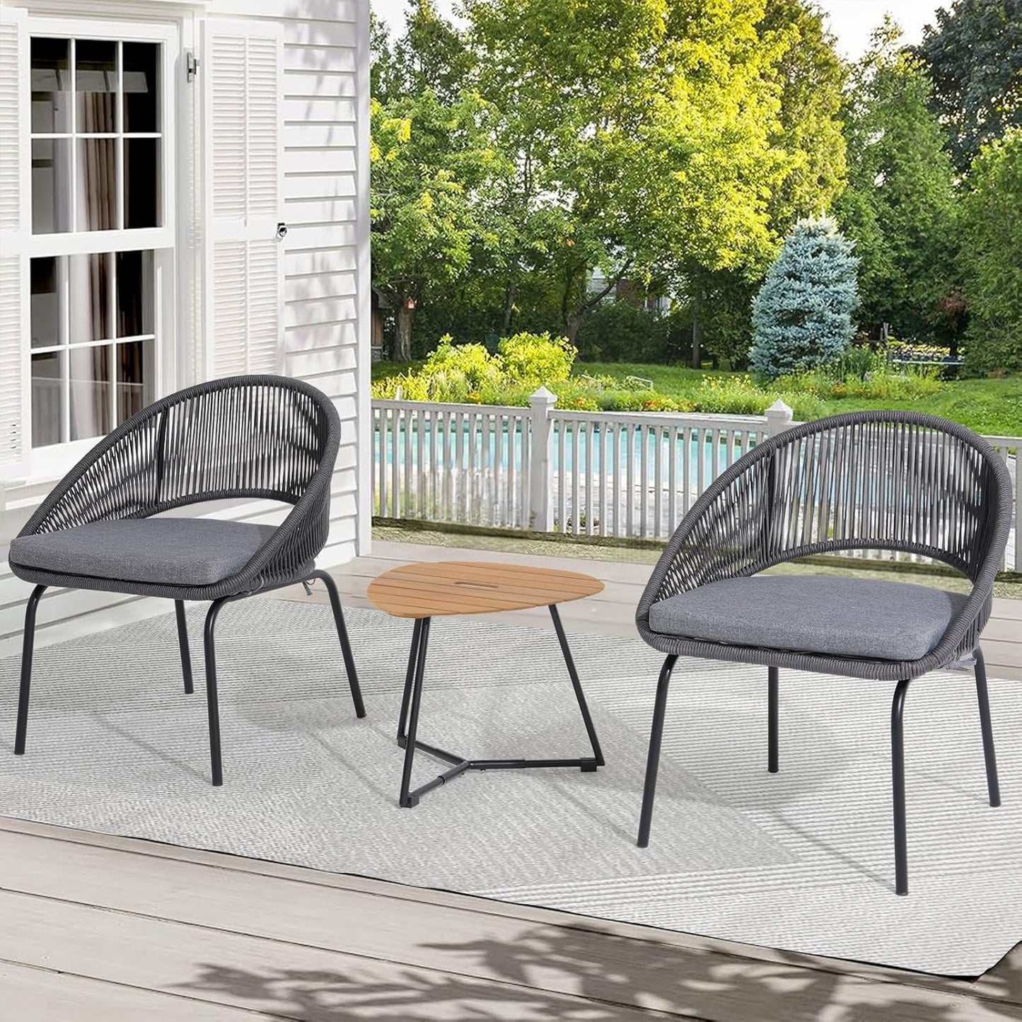 Outdoor Bistro Set with Woven Rope Chairs and Acacia Table