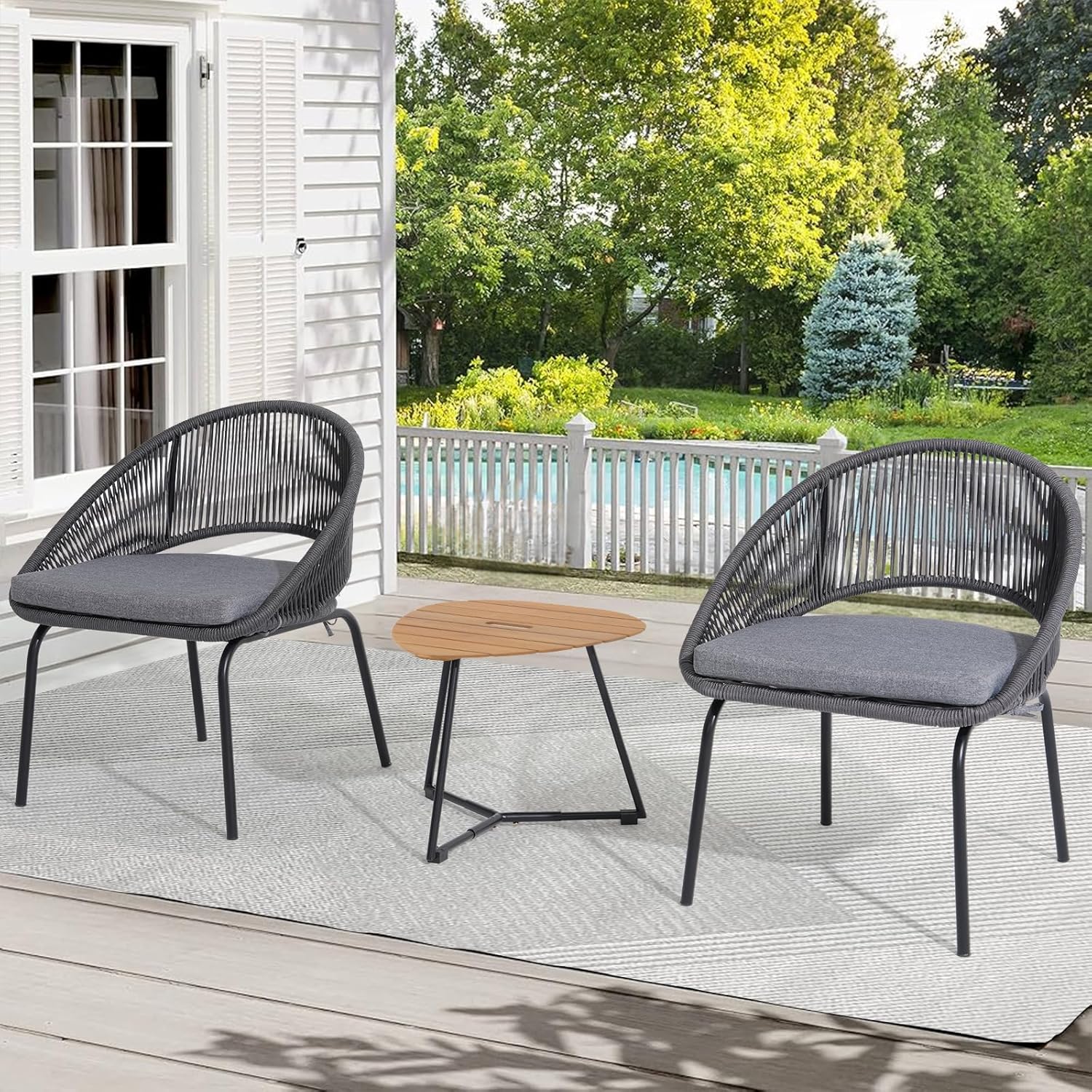 Outdoor Bistro Set with Woven Rope Chairs and Acacia Table