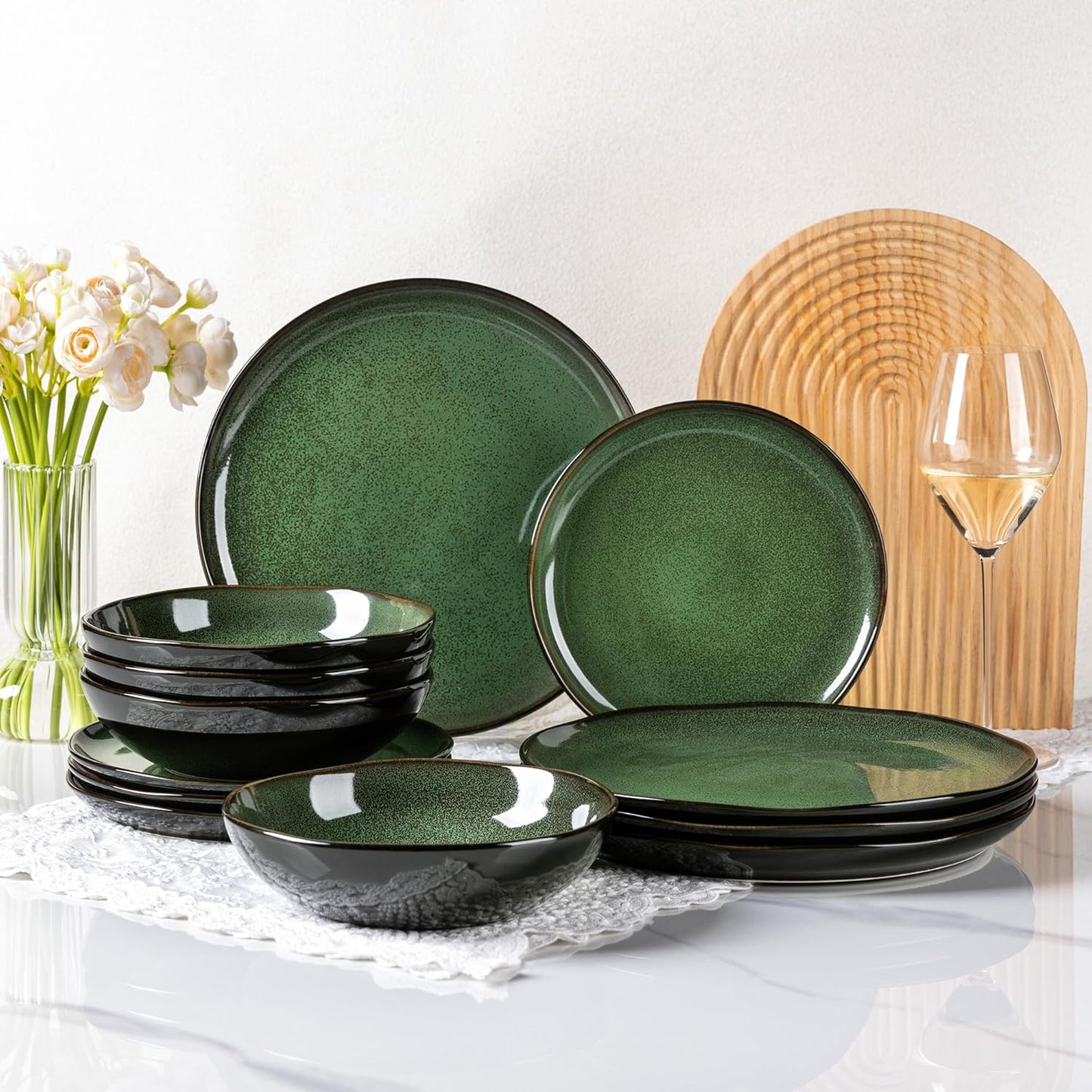 LERATIO Ceramic Dinnerware Set for 4, Unique Wavy Plates & Bowls