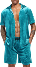 Men Summer Casual Short Sets Velvet Button Down Shorts Set