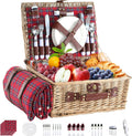 Picnic Basket Set for 4 in Red Plaid - Vintage Wicker with Insulation