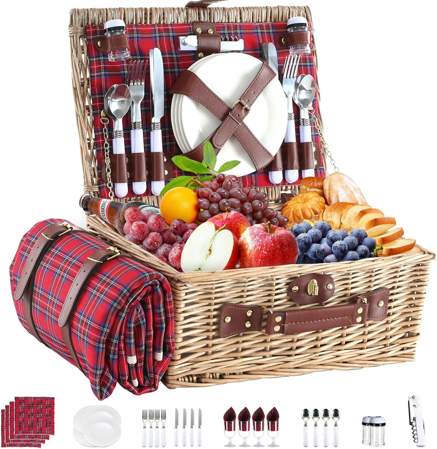Picnic Basket Set for 4 with Waterproof Blanket and Insulation