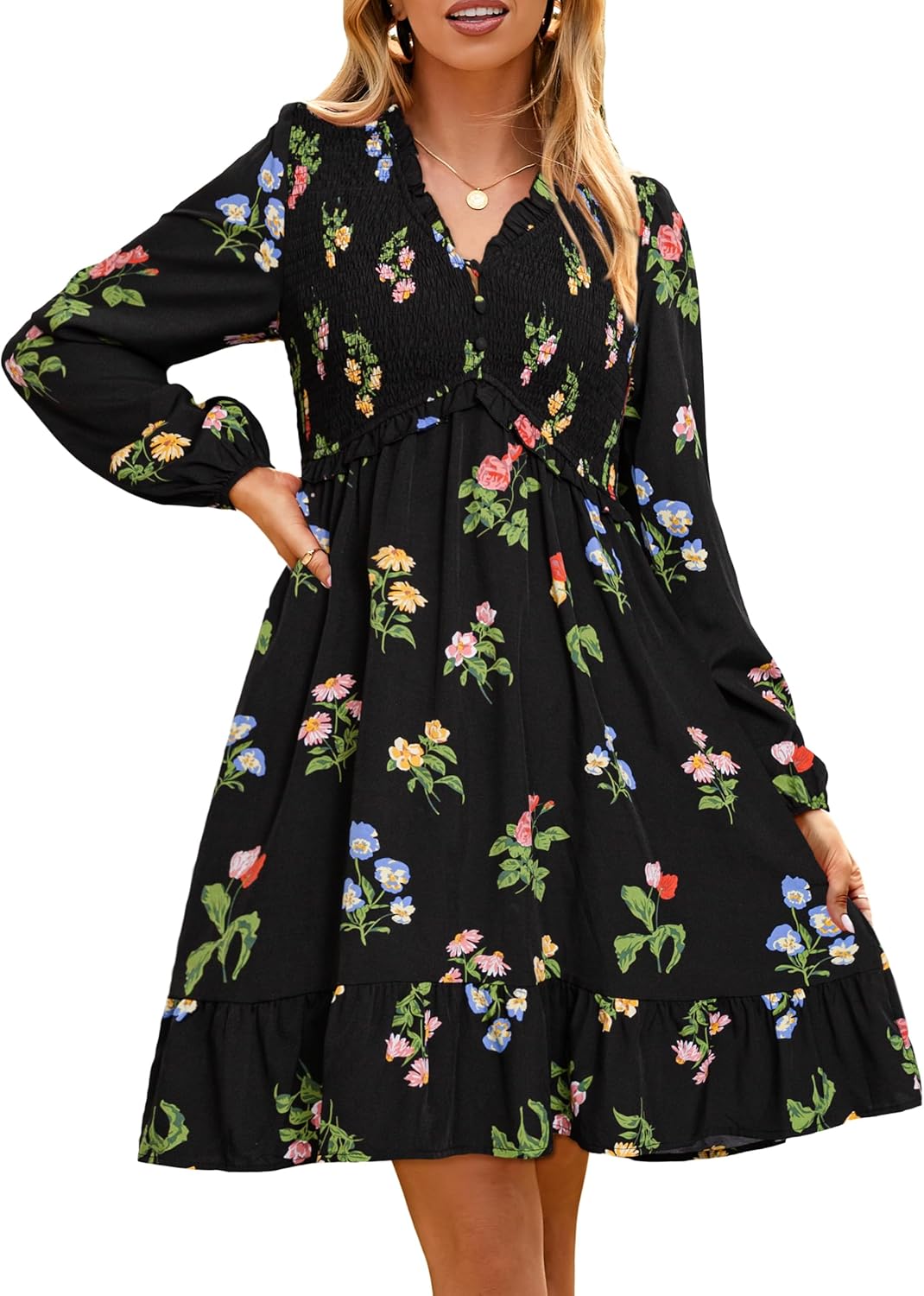 Floral Long Sleeve Babydoll Mini Dress for Casual Elegance