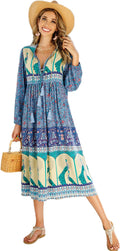 R.Vivimos Women's Bohemian Midi Dress - Flowy V-Neck Tassel