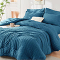 Teal King Size Comforter Set Seersucker 7 Pieces - All Season Luxury