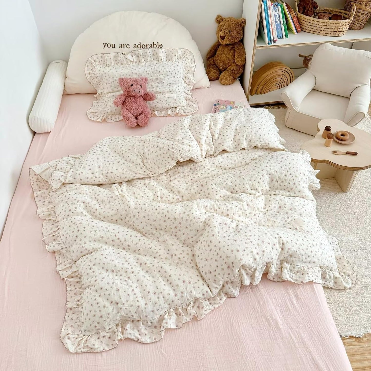 Muslin Cotton Pink Floral Print Duvet Cover for Toddler Girls