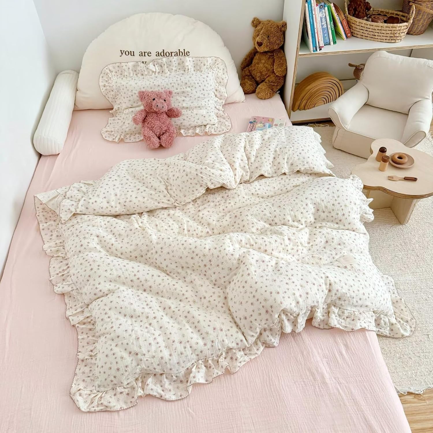 Muslin Cotton Pink Floral Print Duvet Cover for Toddler Girls