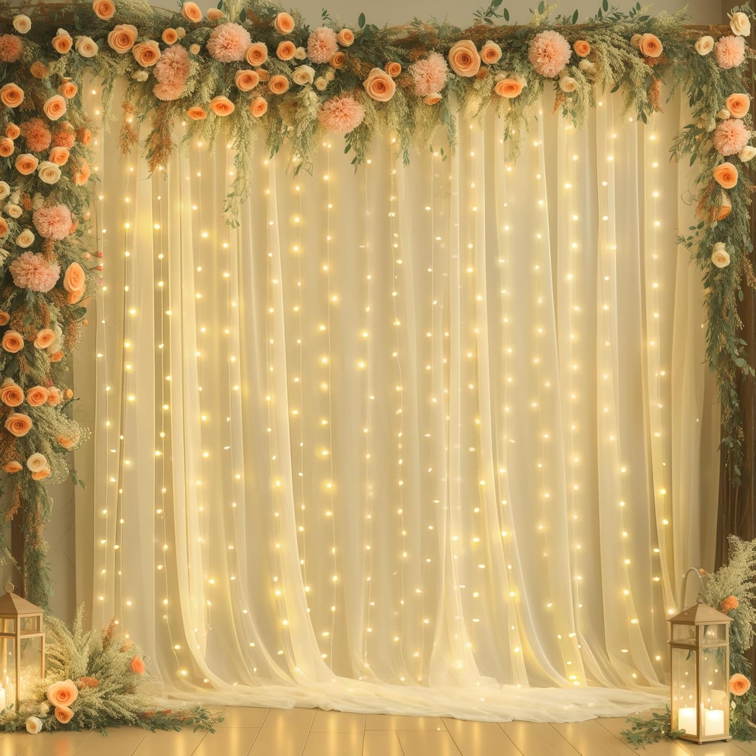20x8ft Champagne Tulle Backdrop Curtains with Lights for Events