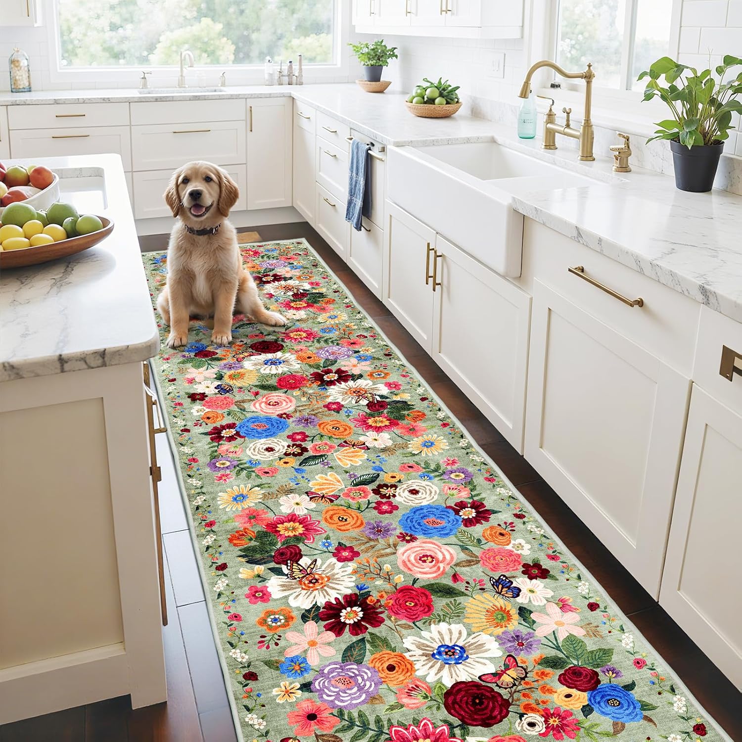 Floral Hallway Runner Green Carpet Non-Slip Rug for Home