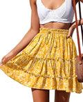 Women's Boho Floral Print Mini Skirt High Waist Drawstring - Flowy
